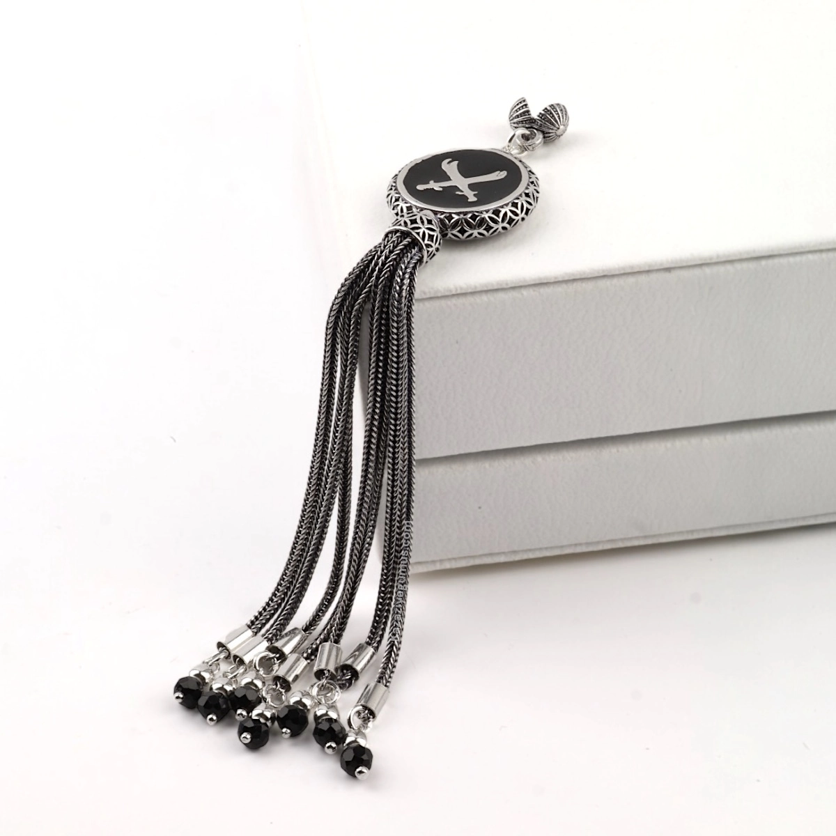925 Sterling Black Crescent Star Rosary Tassel