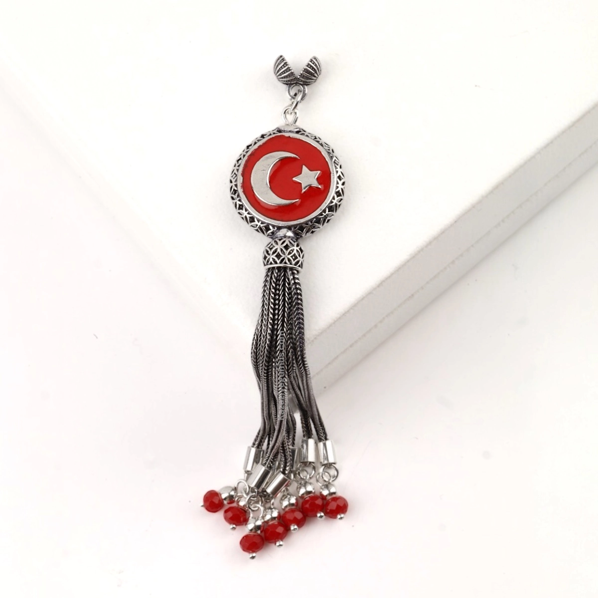 925 Ayar Kırmızı Ay Yıldız Tespih Püskülü