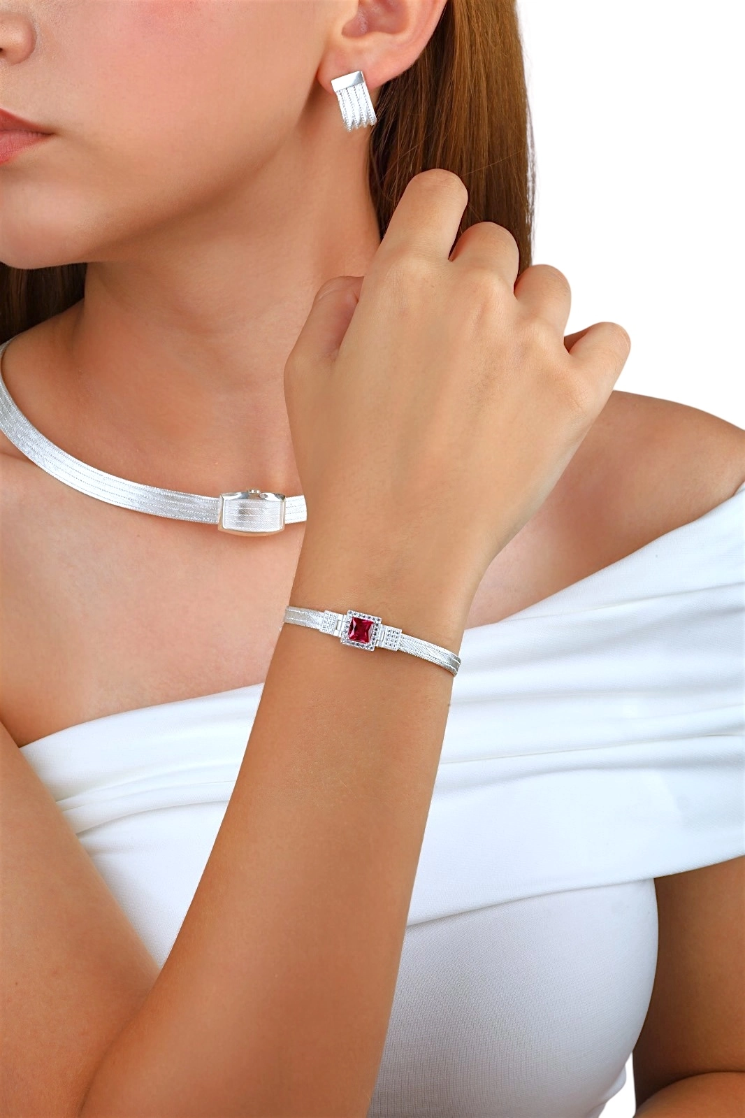 3 Rows of Red Baguette Stone Trabzon Wicker Bracelet