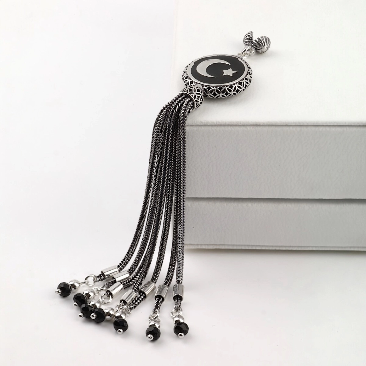 925 Sterling Black Crescent Star Rosary Tassel
