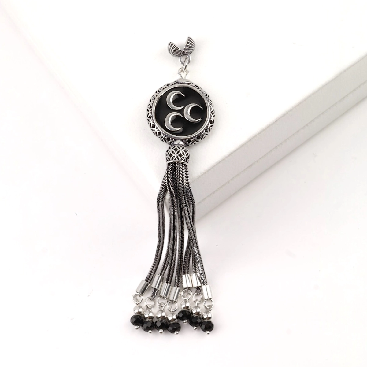 925 Sterling Black Crescent Star Rosary Tassel