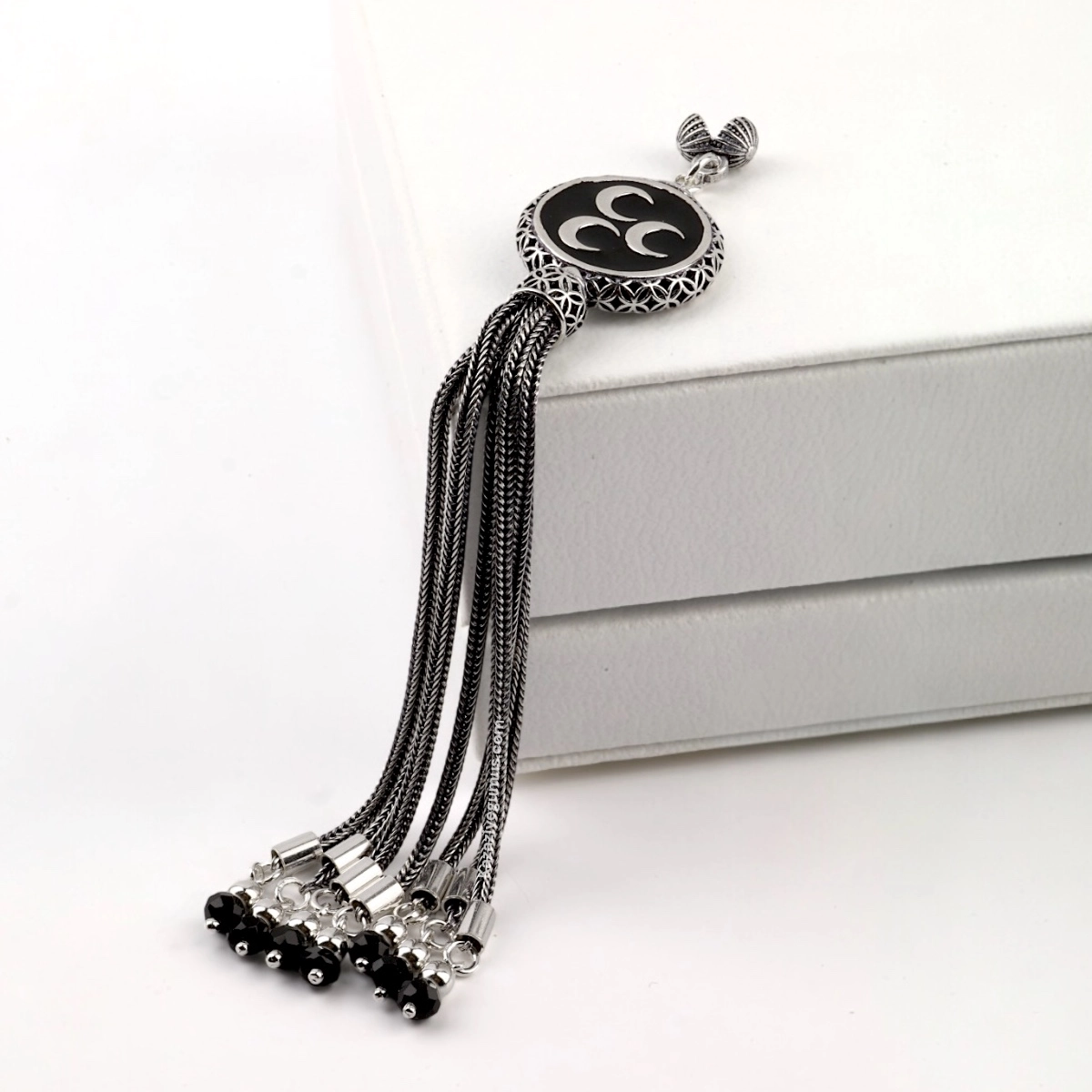925 Sterling Black Crescent Star Rosary Tassel
