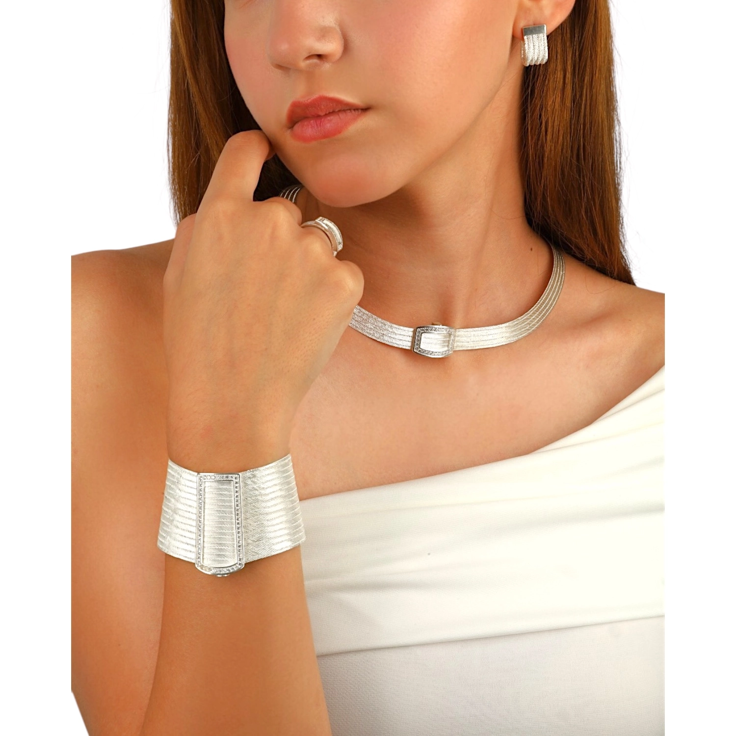 15 Row Stone Model Trabzon Wicker Silver Bracelet