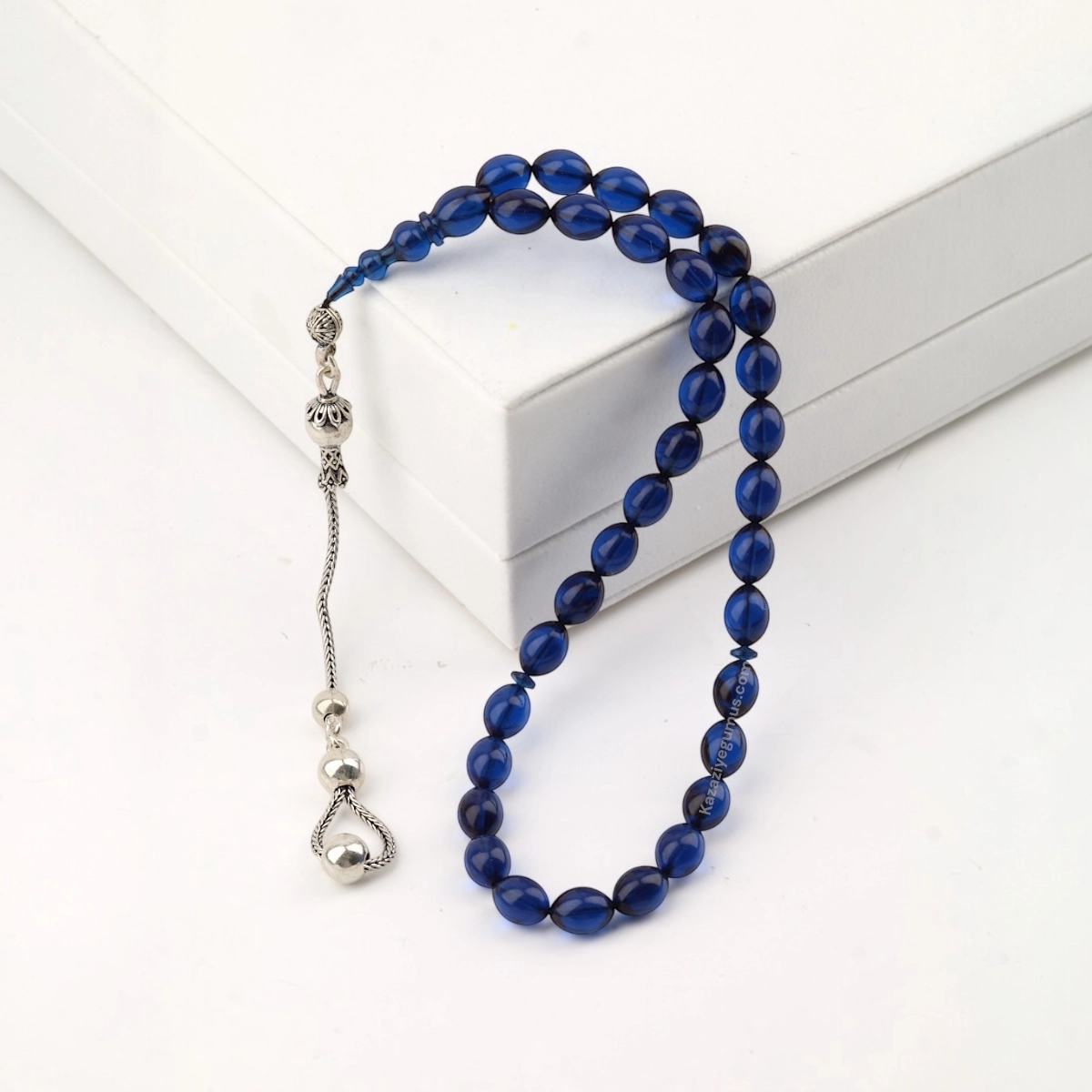 925 Ayar Lacivert Toz Kehribar Damla Model Tesbih