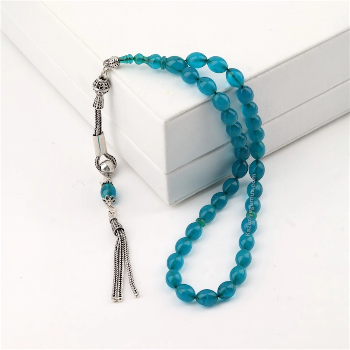 925 Ayar Turkuaz Toz Kehribar Damla Model Tesbih