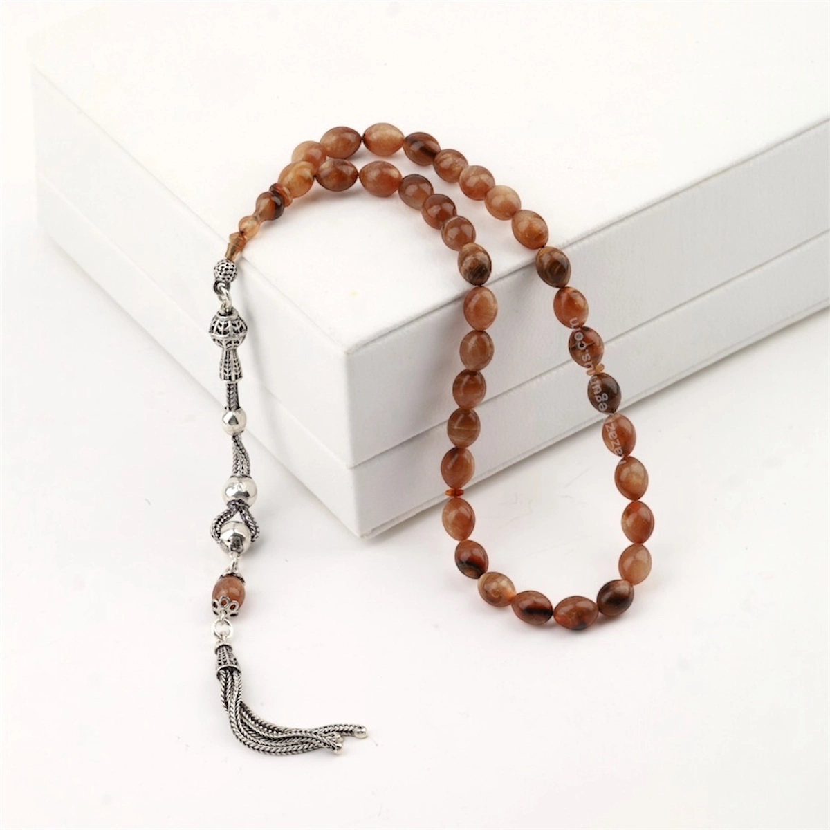 925 Ayar Kahverengi Toz Kehribar Damla Model Tesbih