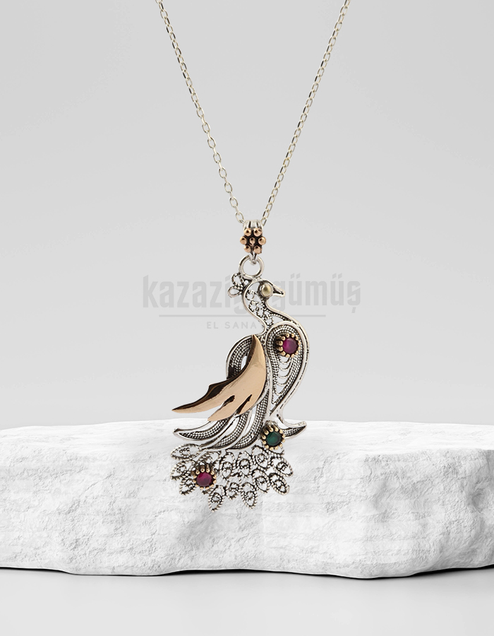 Tavus Bird Design 925 K Filigree Silver Necklace
