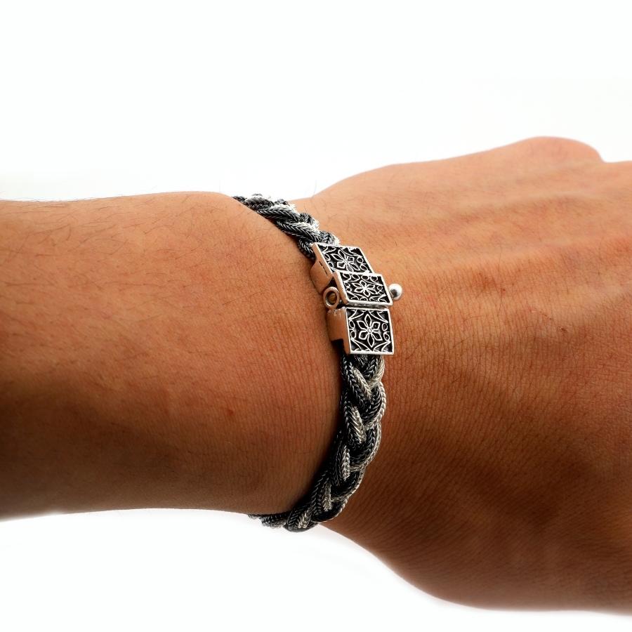 Black  White Braided Mardin Silver Bracelet