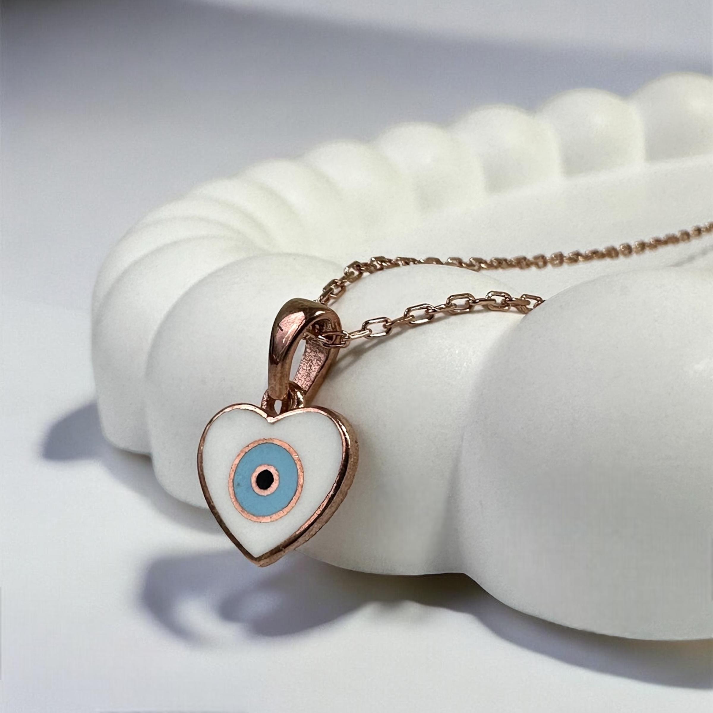 925 Sterling Silver Evil Eye Beaded Heart Rose Necklace Trabzon