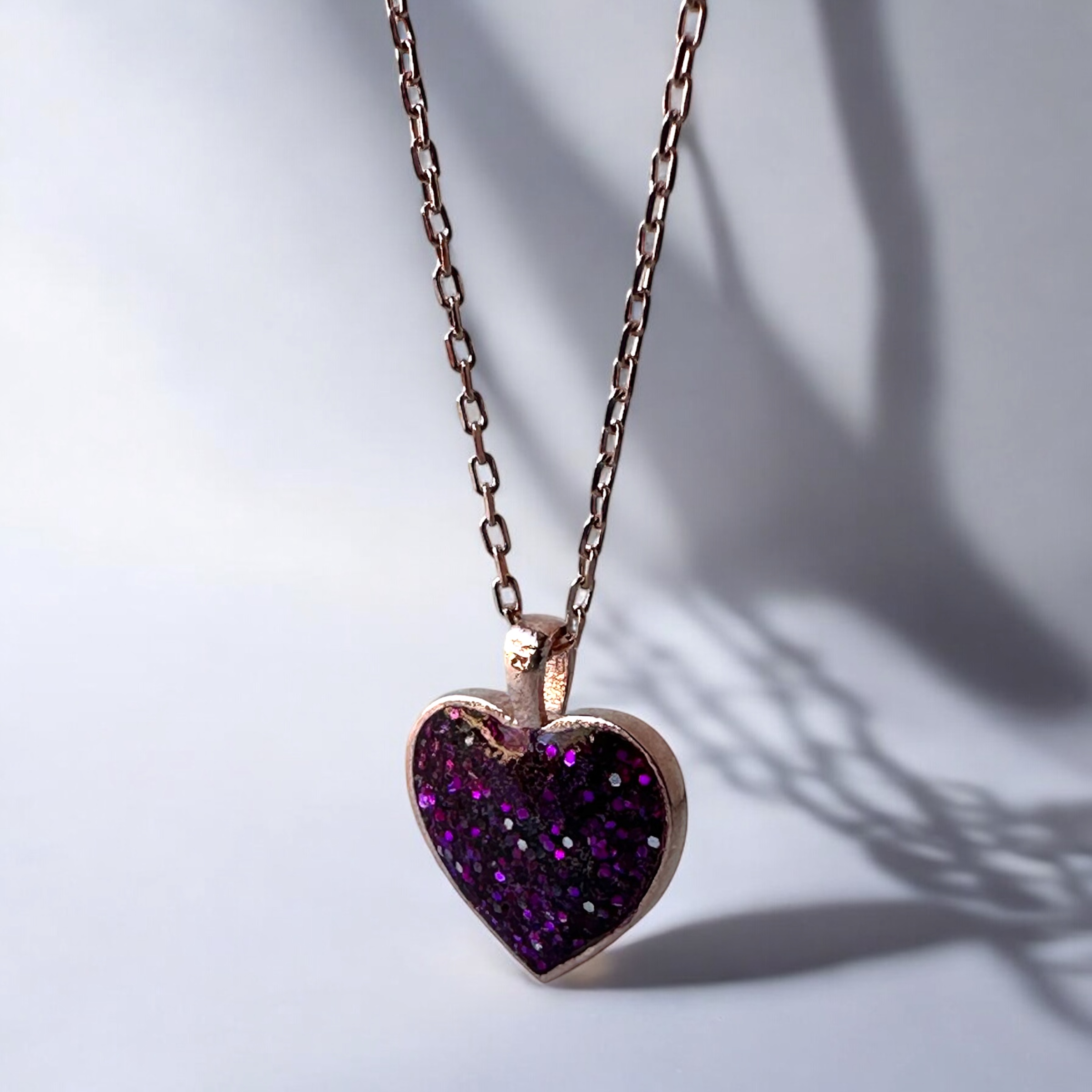 925 Sterling Silver Purple Glitter Heart Necklace