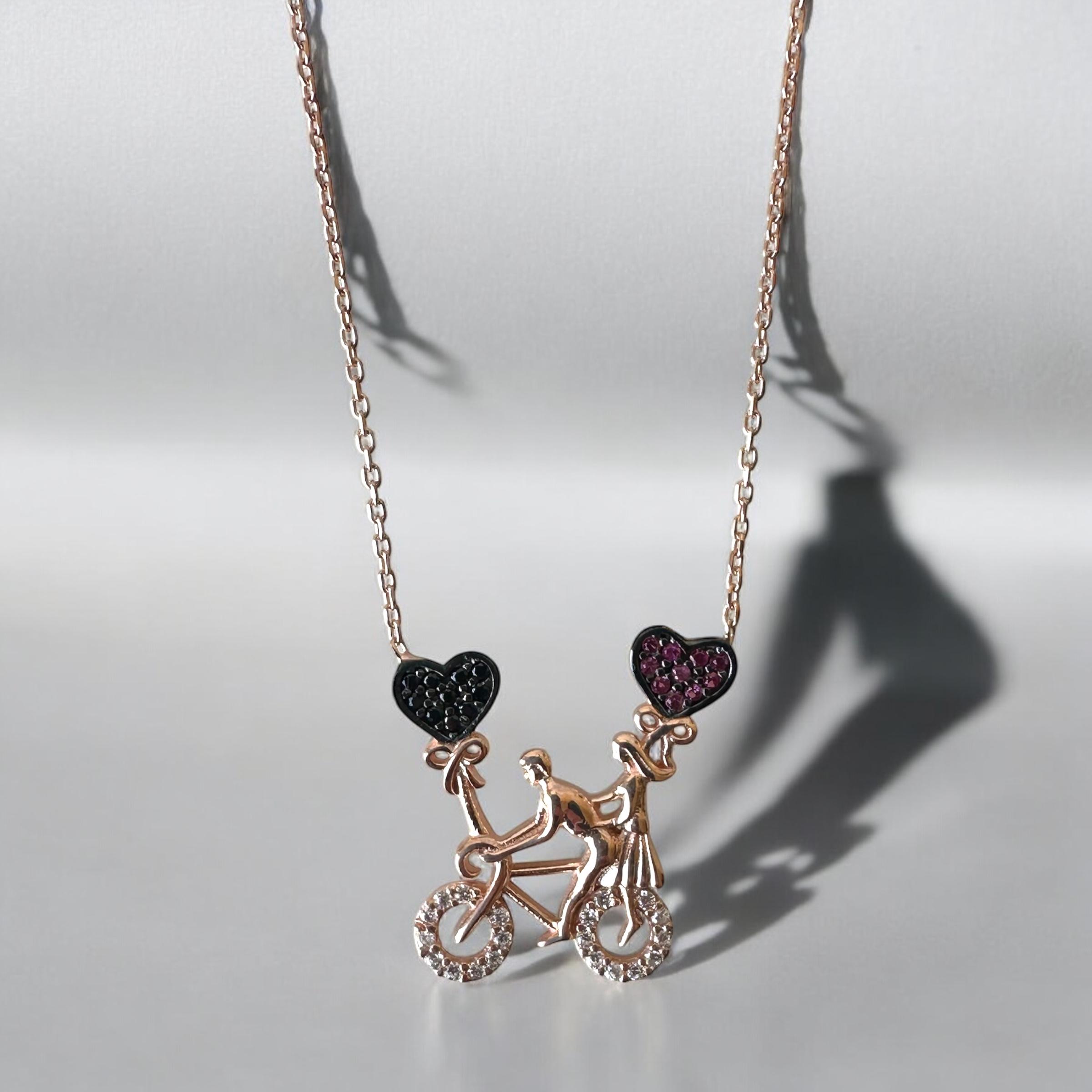 925 Sterling Silver Bicycle Riding Couple Necklace