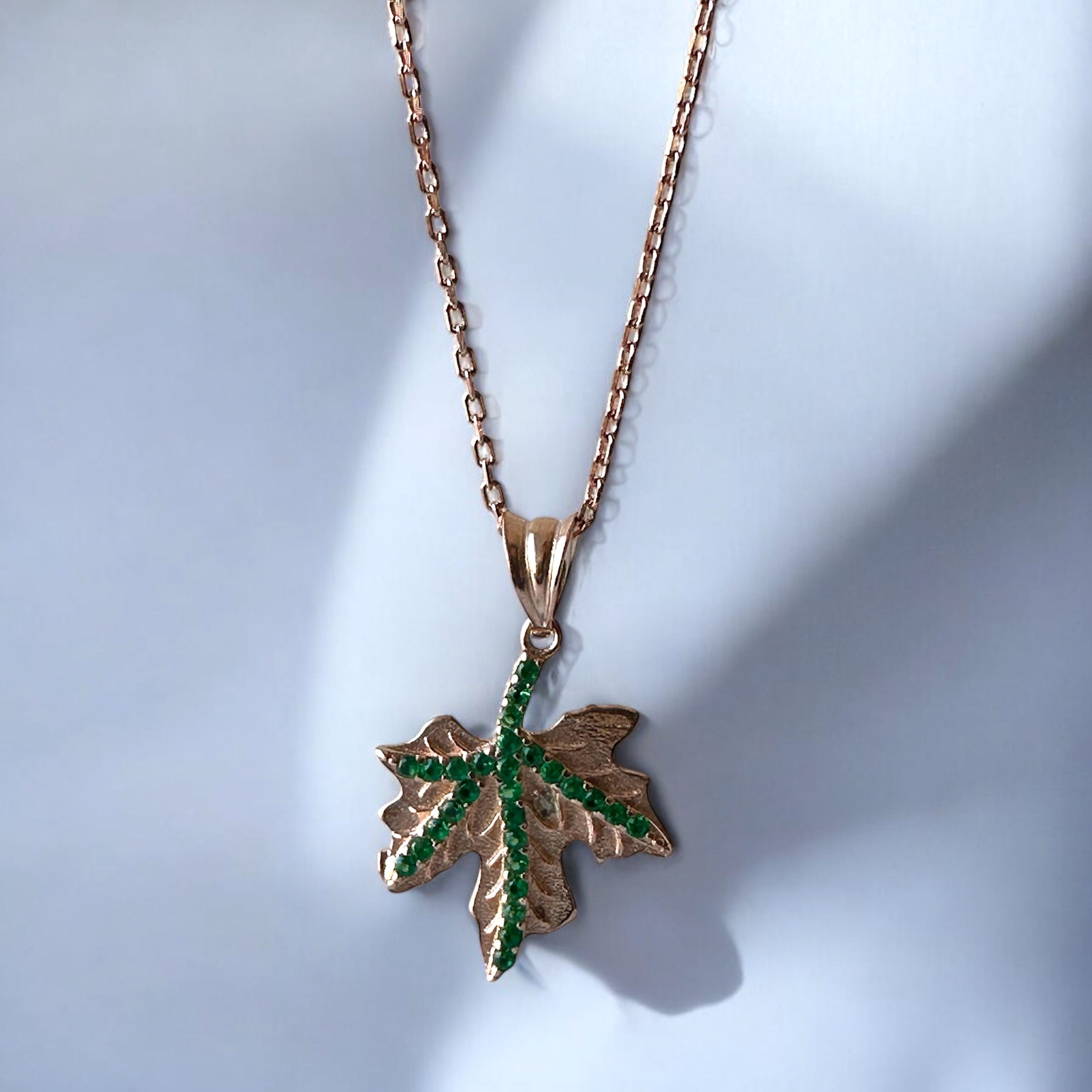 925 Sterling Silver Necklace with Green Stone and Plane Leaf