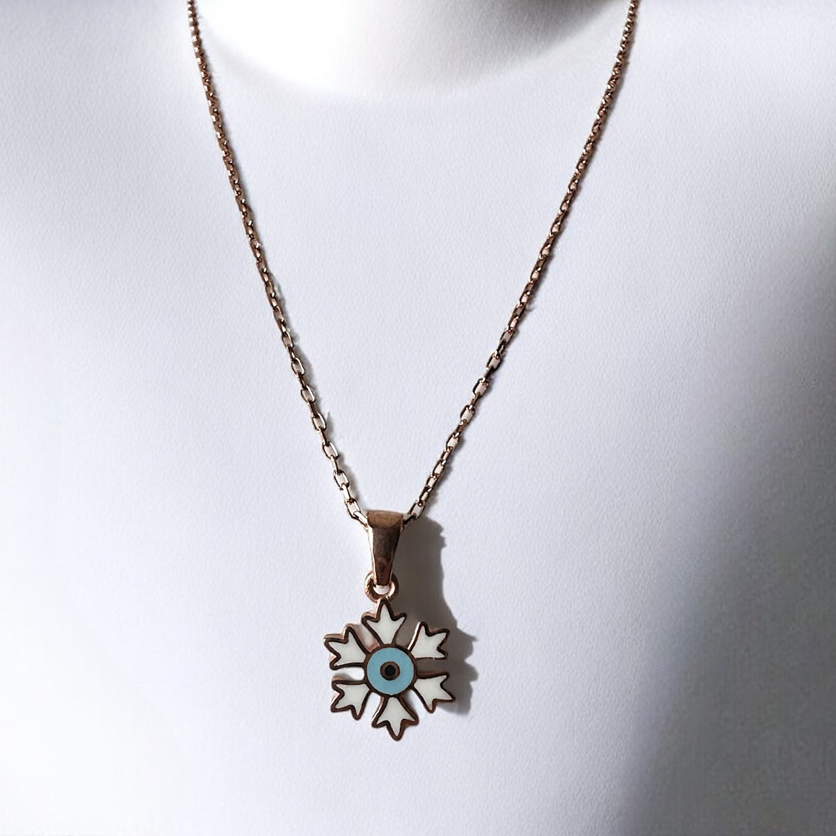 925 K Enamel Evil Eyelu Snow Flake Silver Necklace