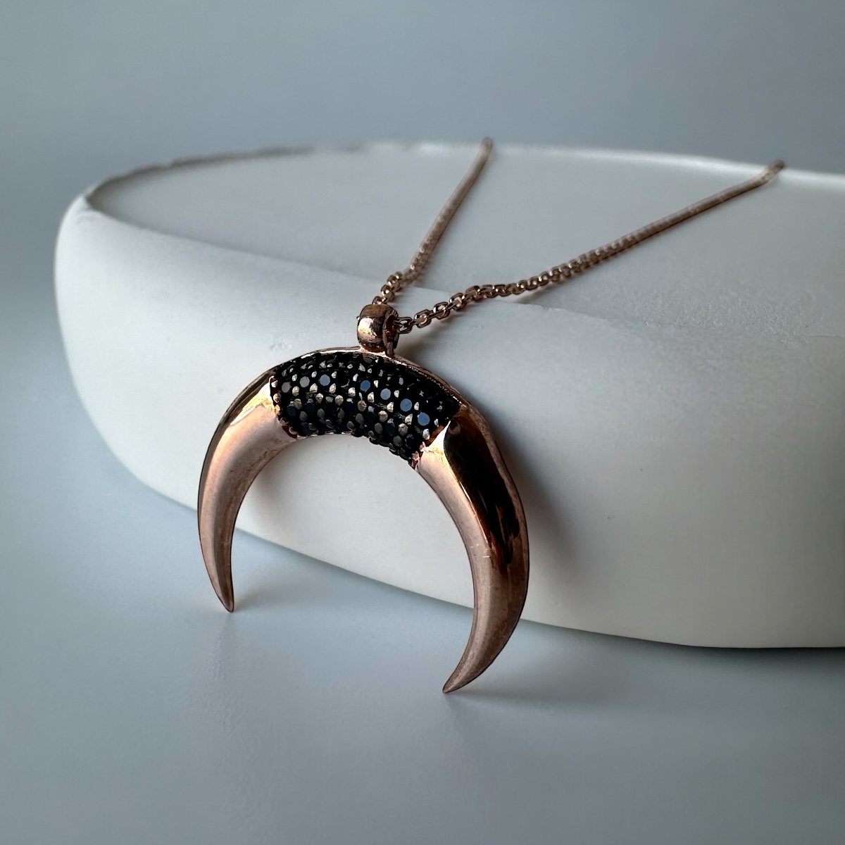 925 K Black Zircon Stone-set Ters Hilal Silver Necklace
