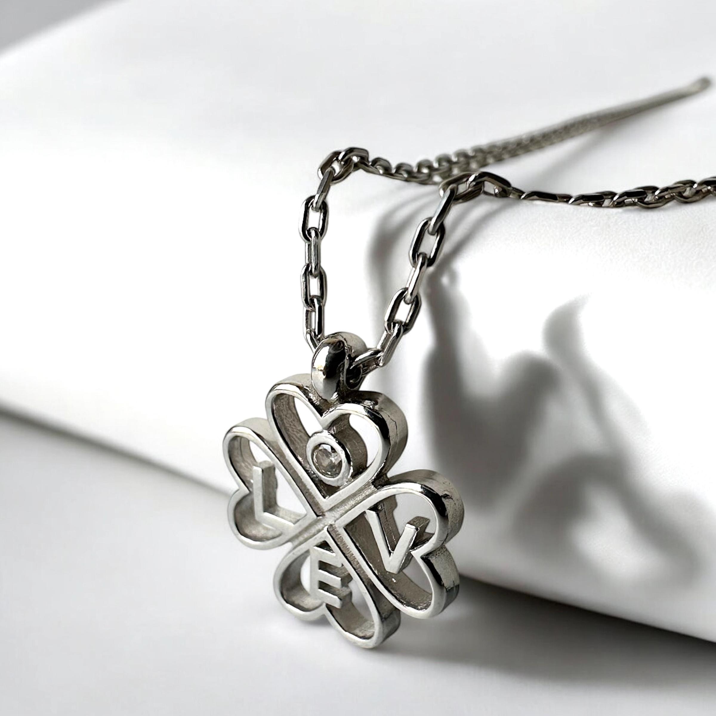 925 K Four Leaf Clover Love Silver Necklace