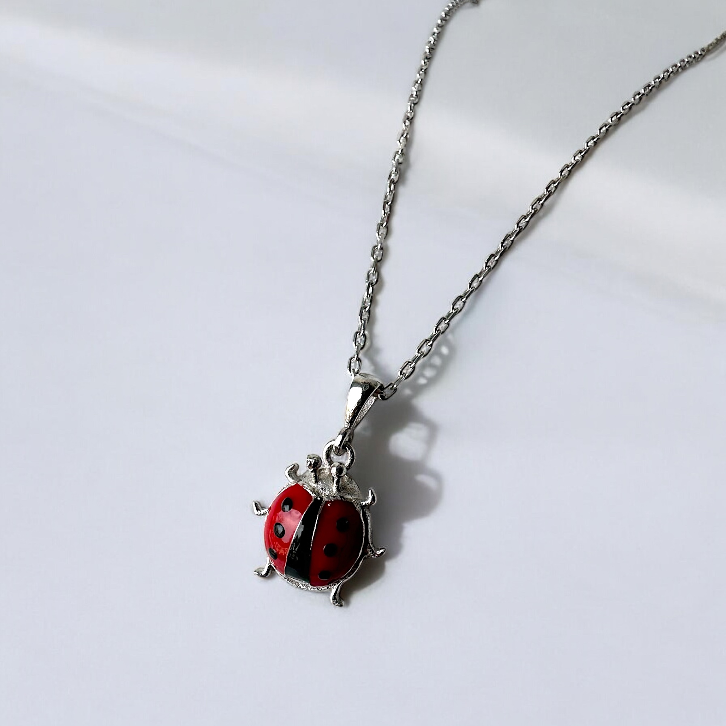 925 K Red Enamel Charm Beetle Silver Necklace