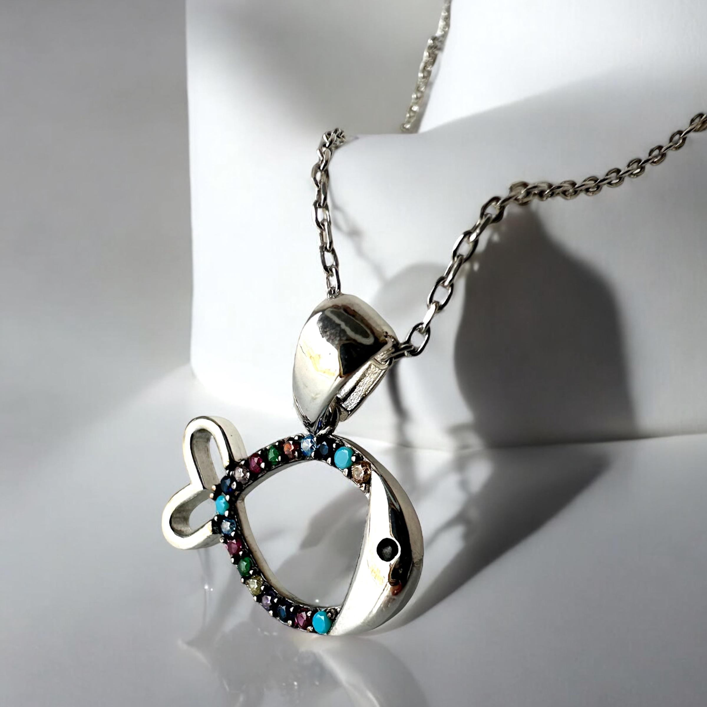 925 K Colored Zircon Stone-set Fish Silver Necklace