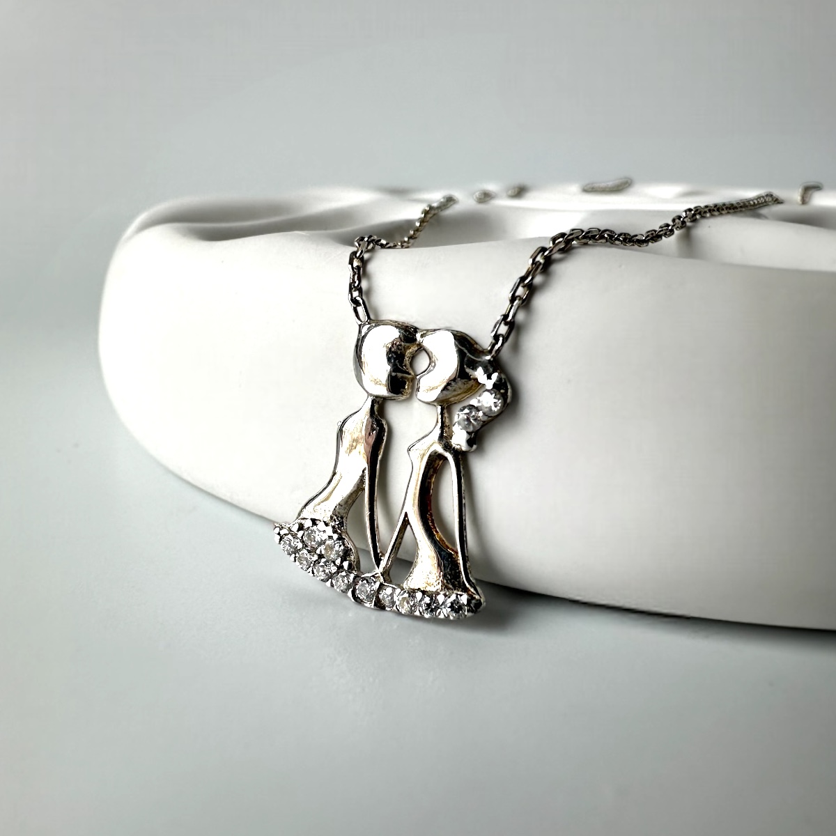 925 K Zircon Stone Detailed Double Silver Necklace