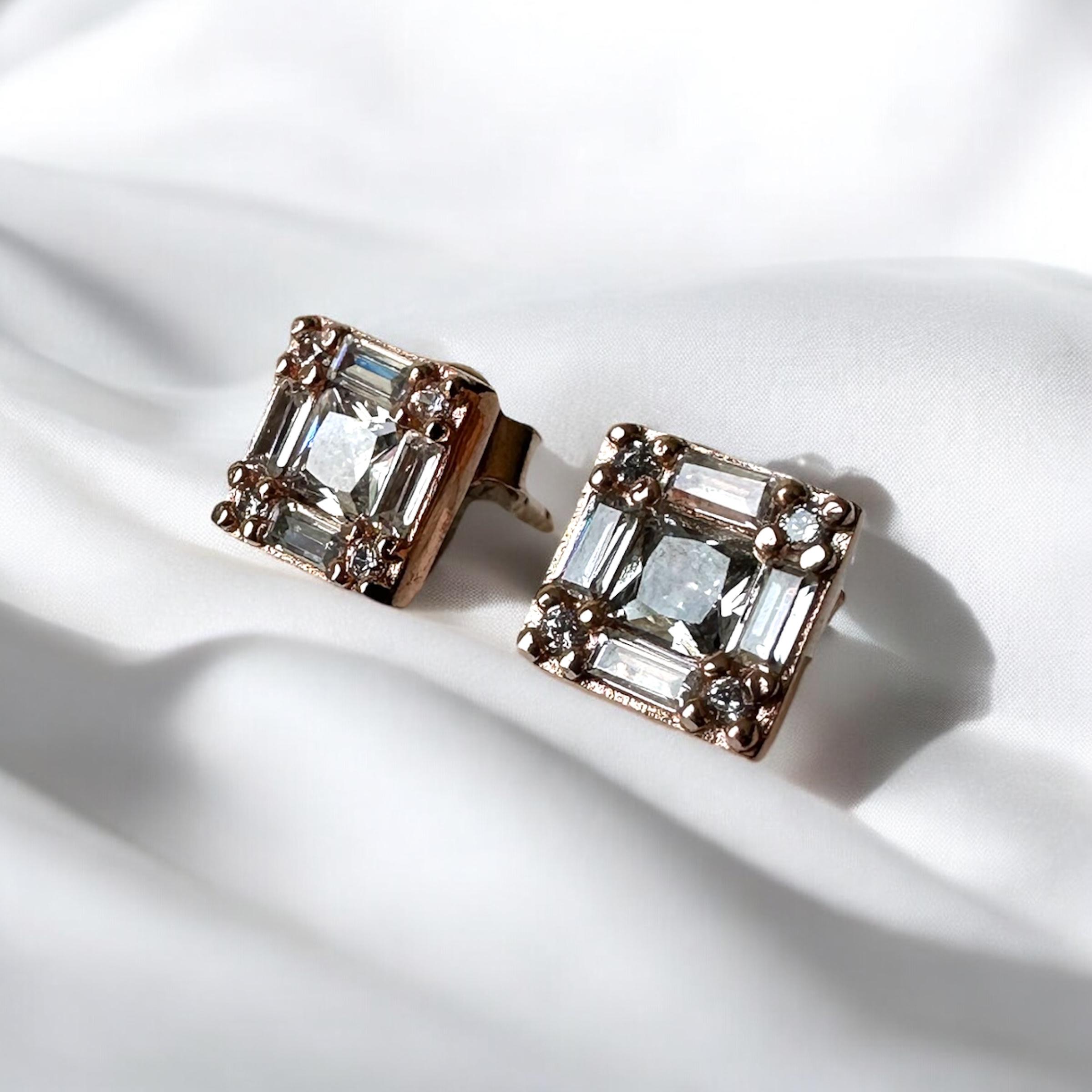 925 K Rose Baguette Silver Earrings
