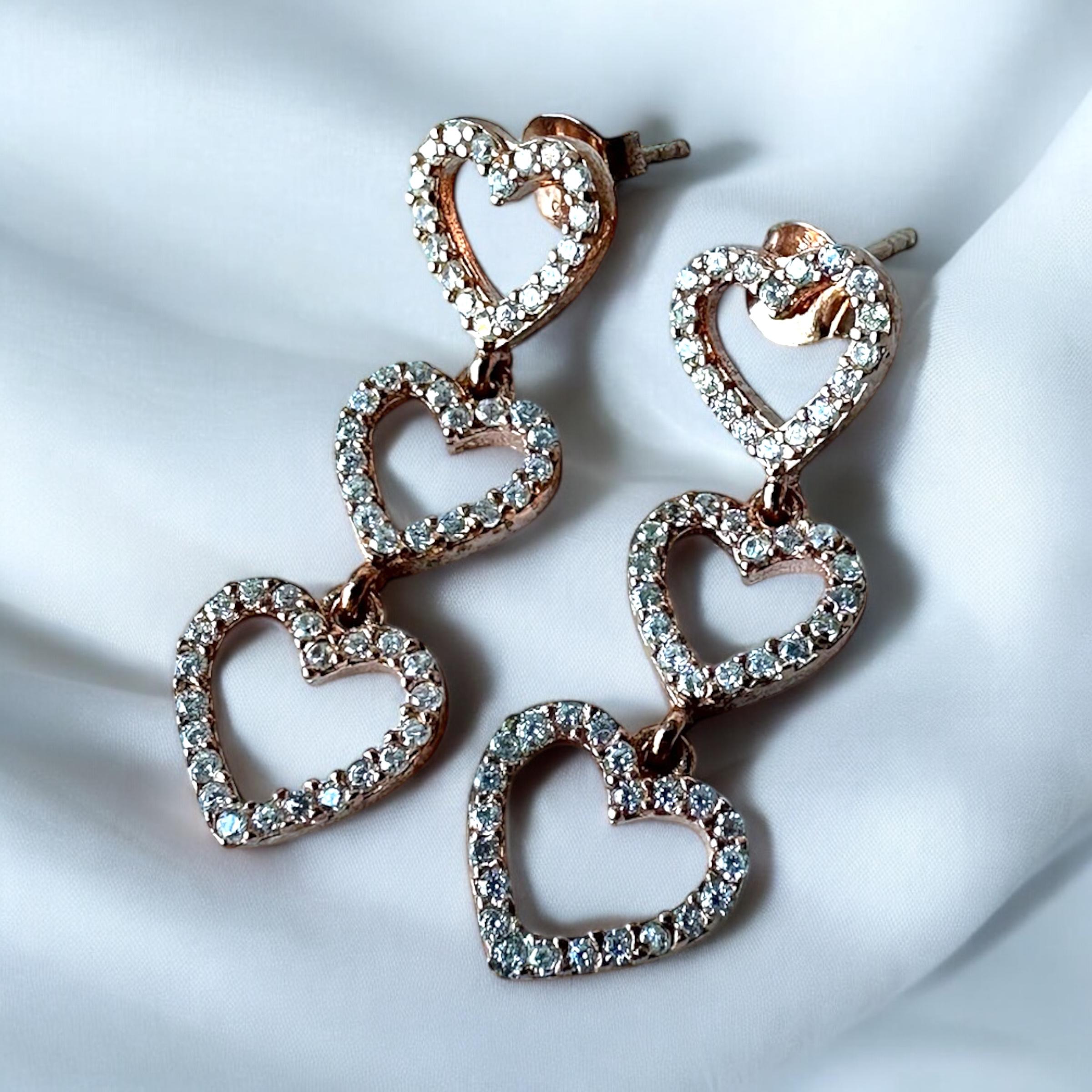 925 Sterling Zircon Stone Triple Heart Silver Earrings