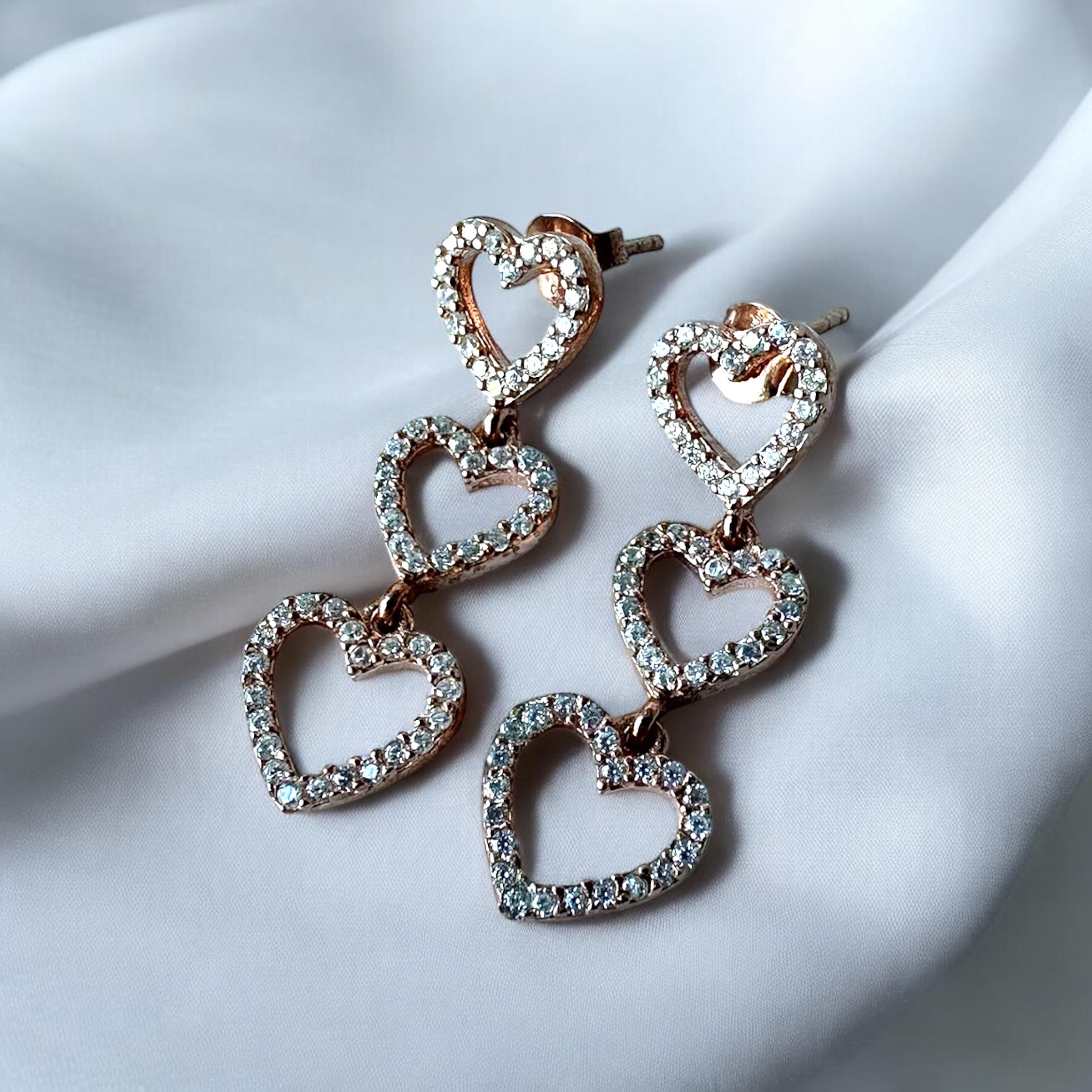 925 K Zircon Stone-set Triple Heart Silver Earrings