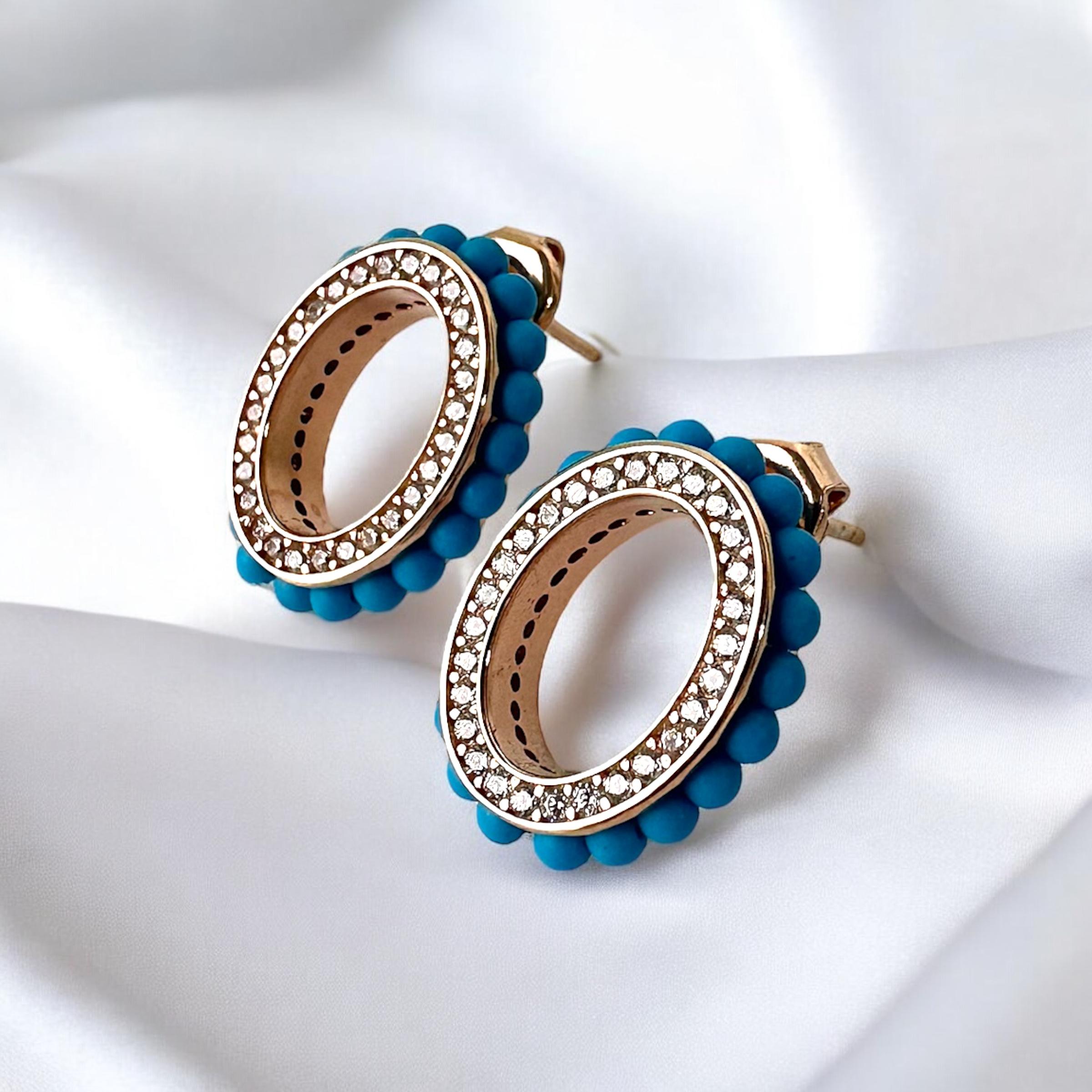 925 K Blue Bead Detailed Oval Silver Earrings