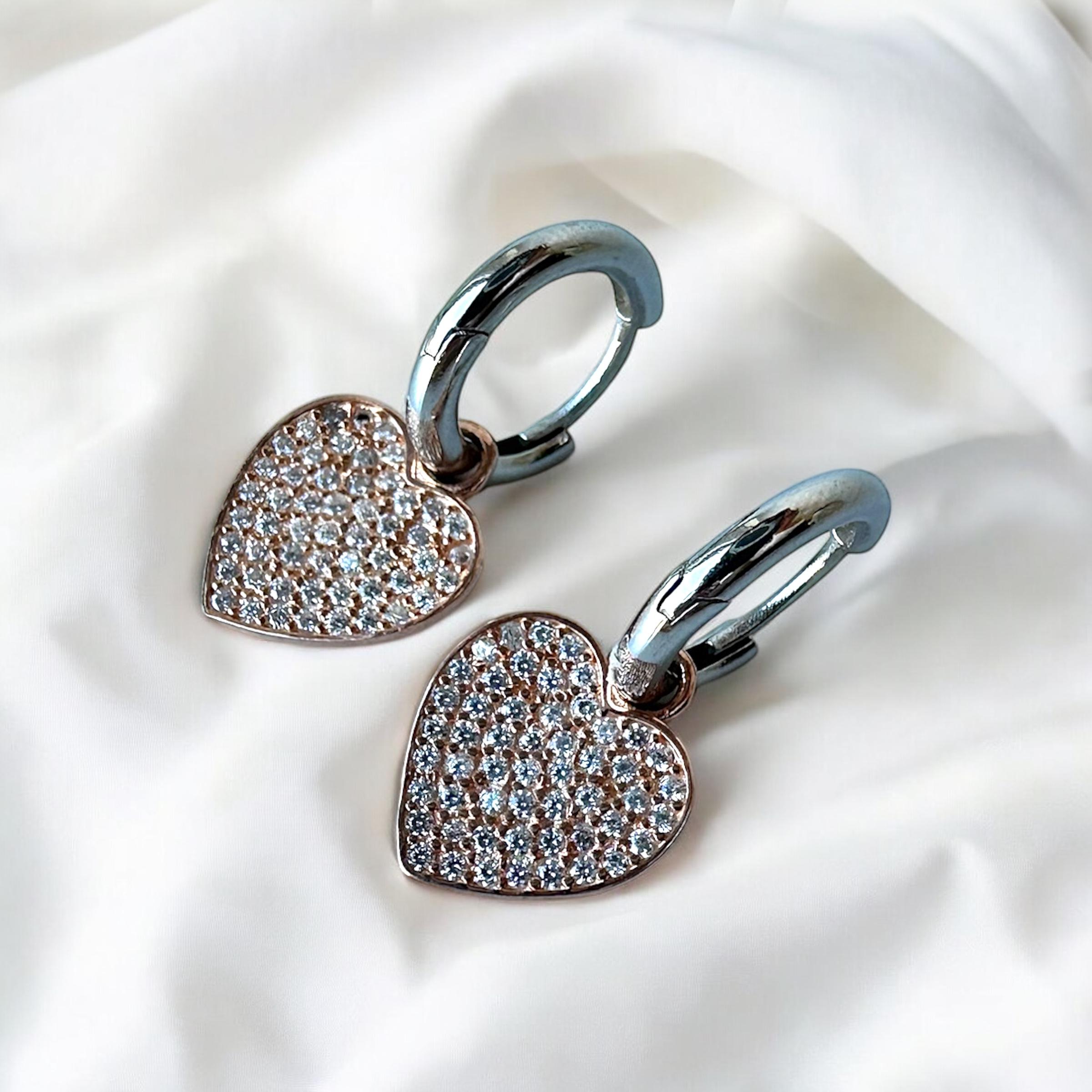 925 K Zircon Stone-set Rose Heart Women's Silver Earrings
