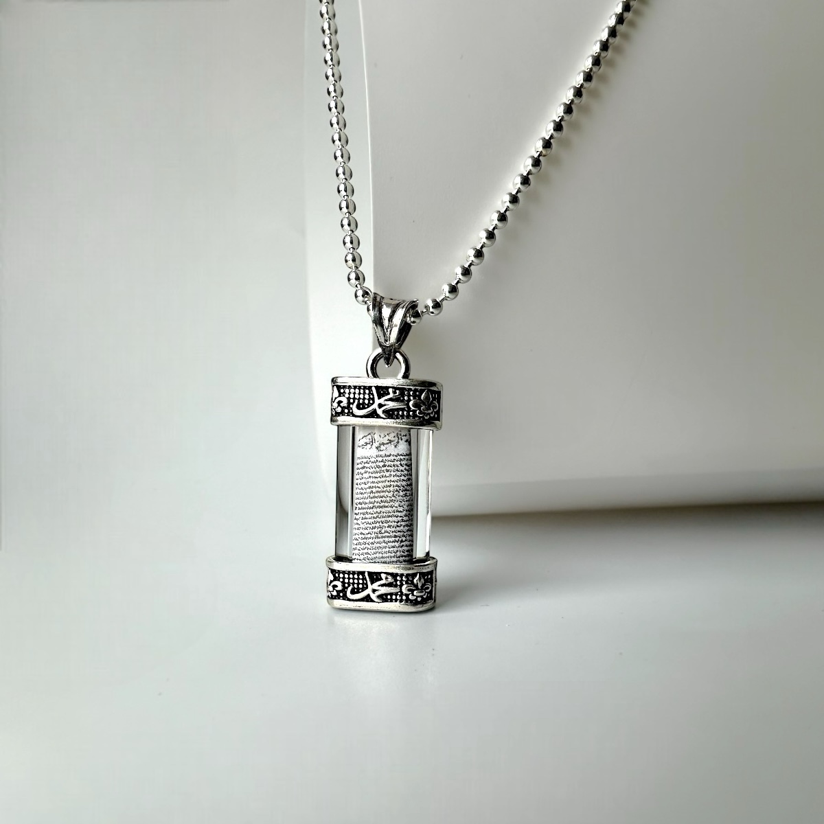925 K Muhammed Engraved Silver Cevşen Necklace