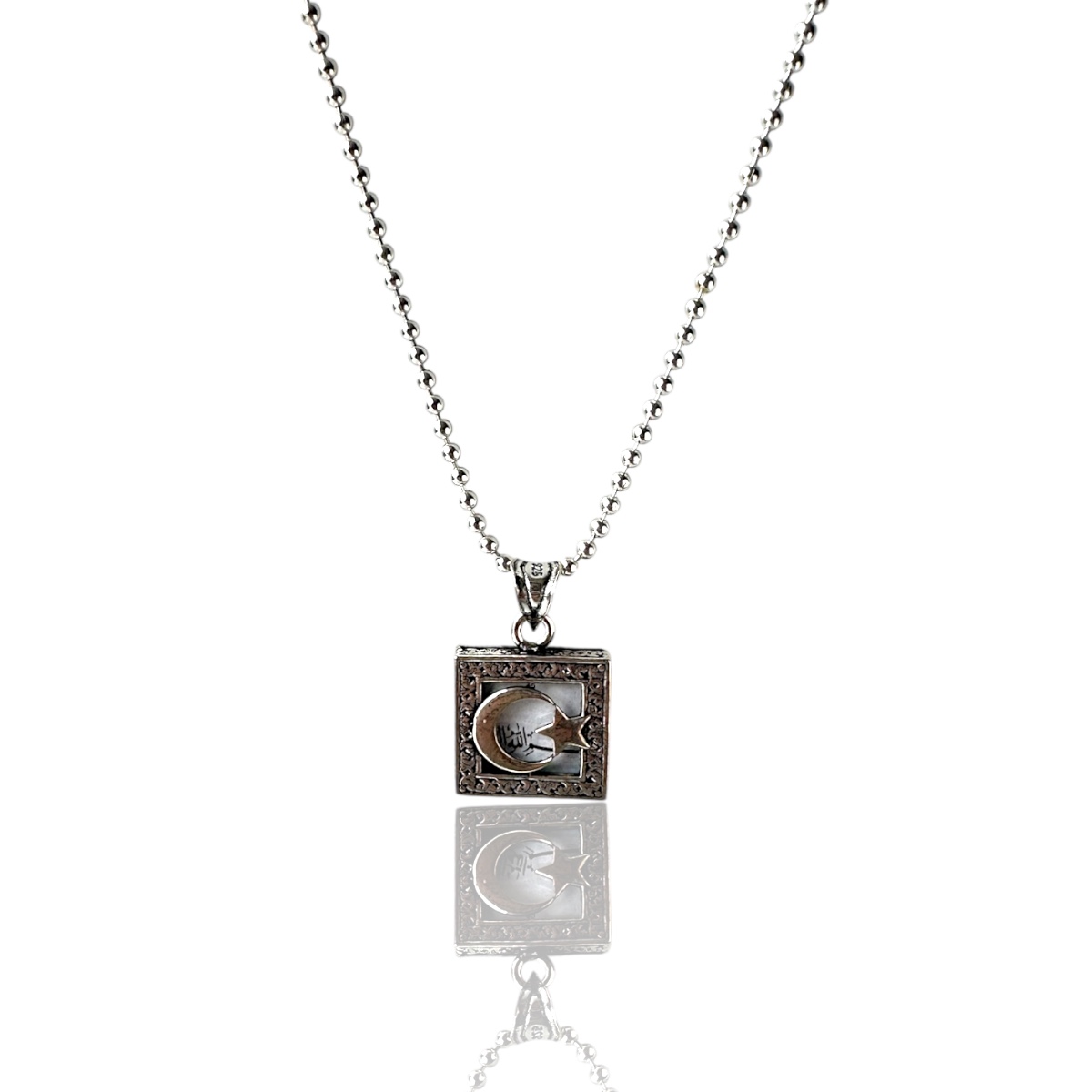 925 K Star and Crescent Square Cevşen Silver Necklace