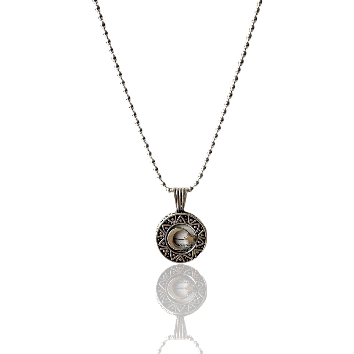 925 K Star and Crescent Engraved Cevşen Silver Necklace