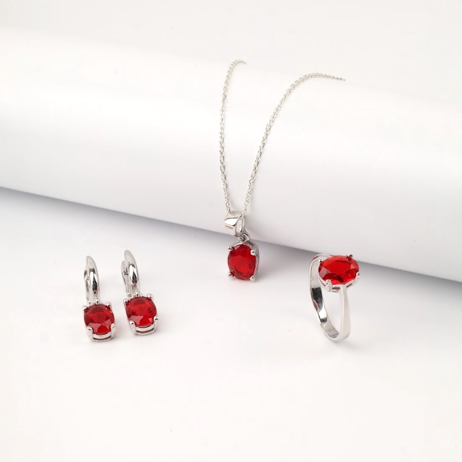 925 Ayar Gümüş Oval Kırmızı Zirkon Taşlı Kadın Set