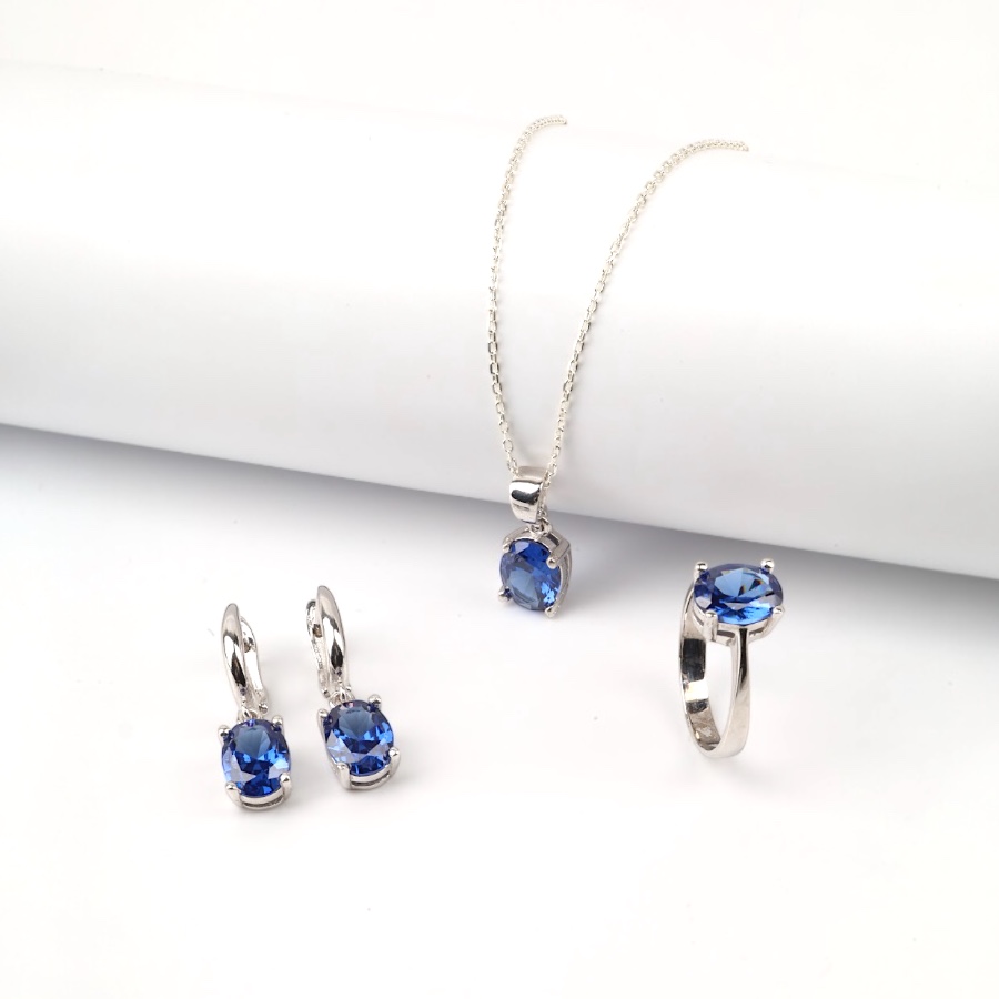 925 Ayar Gümüş Oval Lacivert Zirkon Taşlı Kadın Set