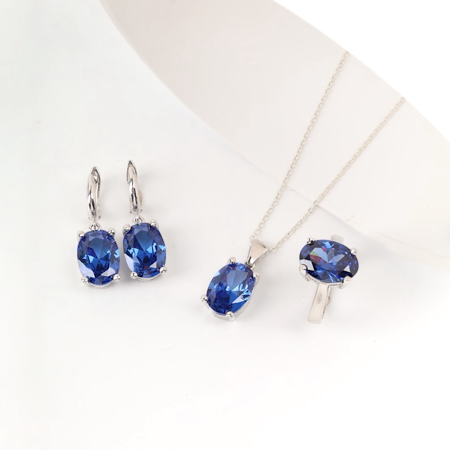 925 Ayar Gümüş Oval Lacivert Zirkon Taşlı Kadın Set
