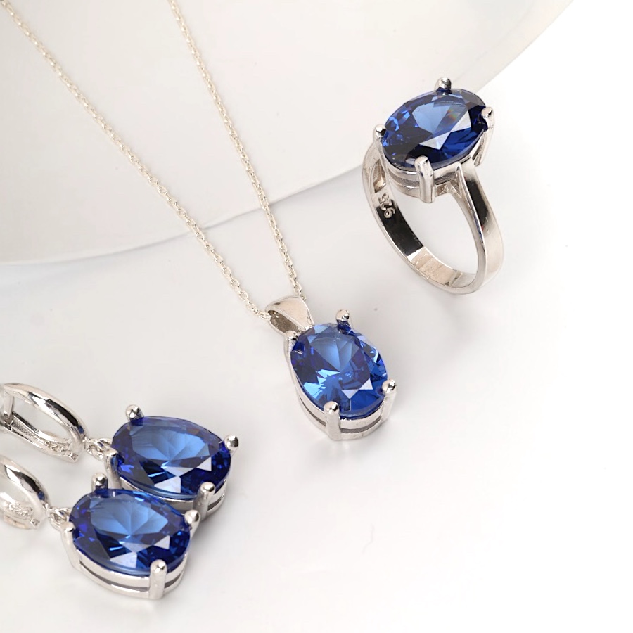925 Ayar Gümüş Oval Lacivert Zirkon Taşlı Kadın Set