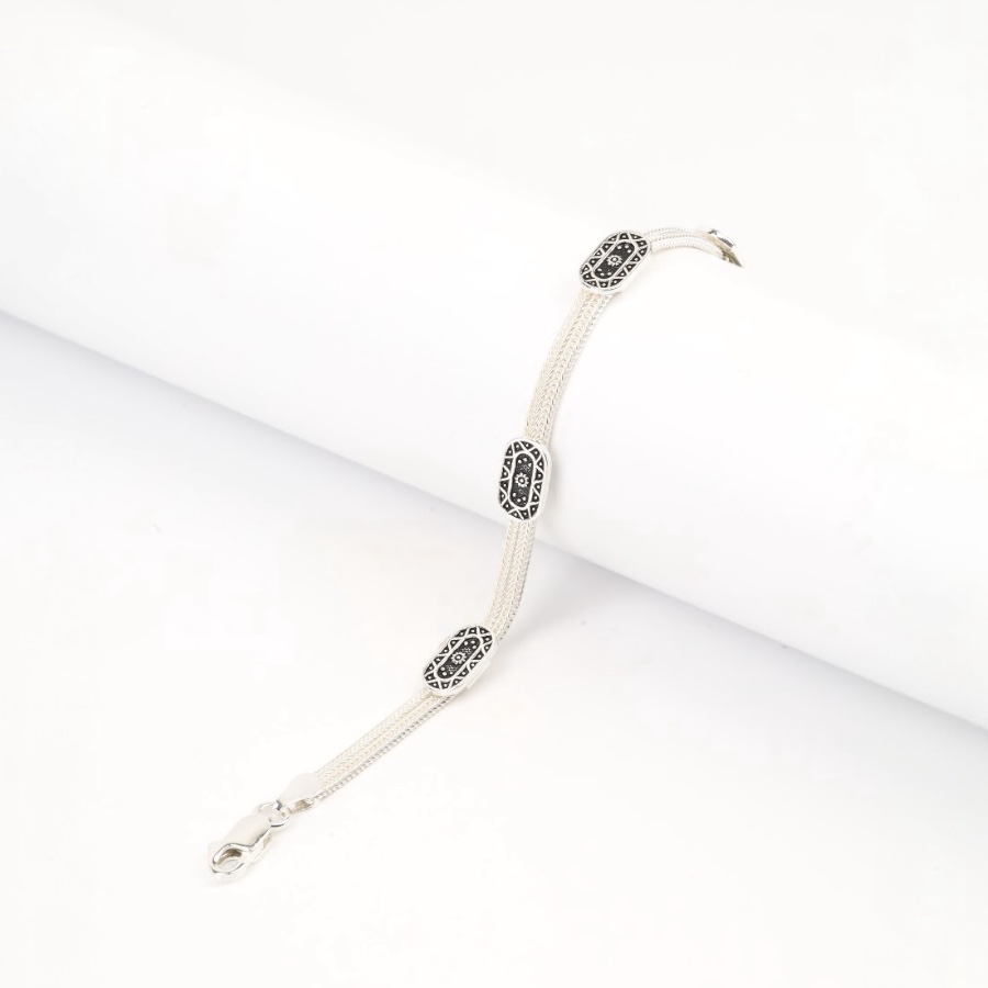 925 Sterling Silver Bracelet with 2 Motifs Mardin Straw