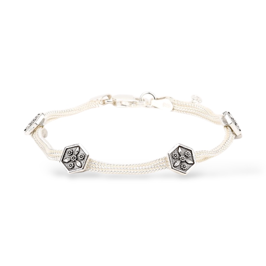 925 Sterling Silver Bracelet with 2 Motifs Mardin Straw