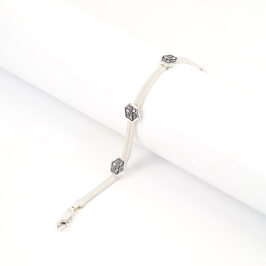 925 Sterling Silver Bracelet with 2 Motifs Mardin Straw