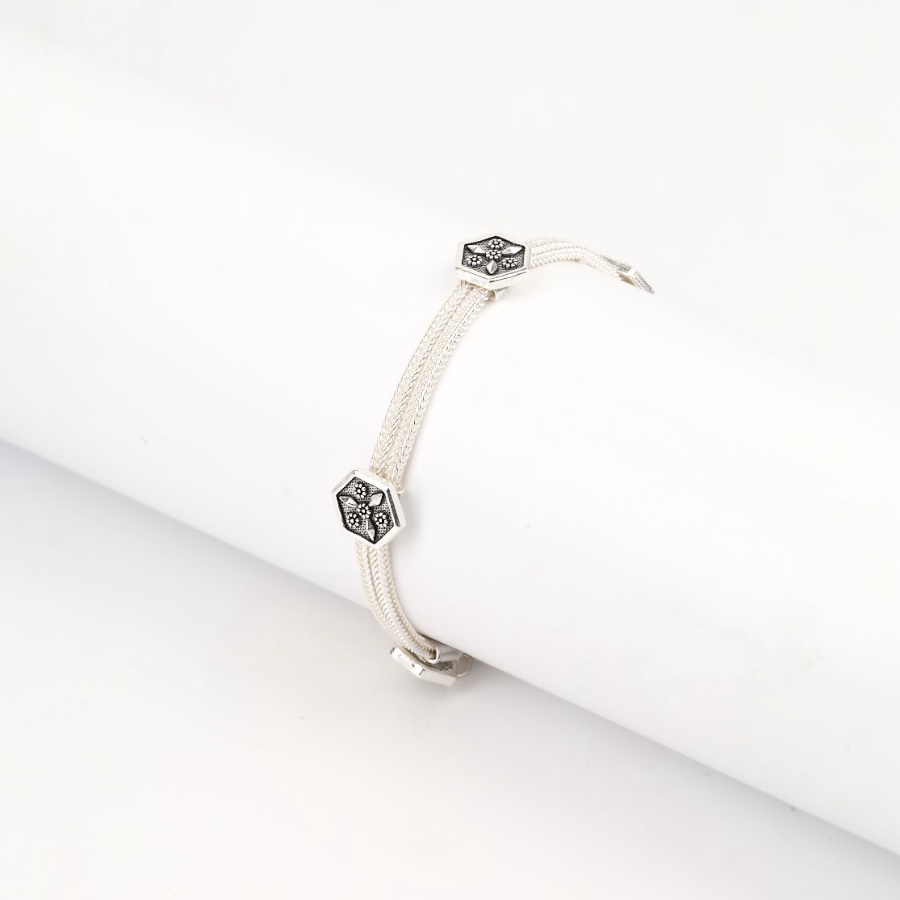 925 Sterling Silver Bracelet with 2 Motifs Mardin Straw