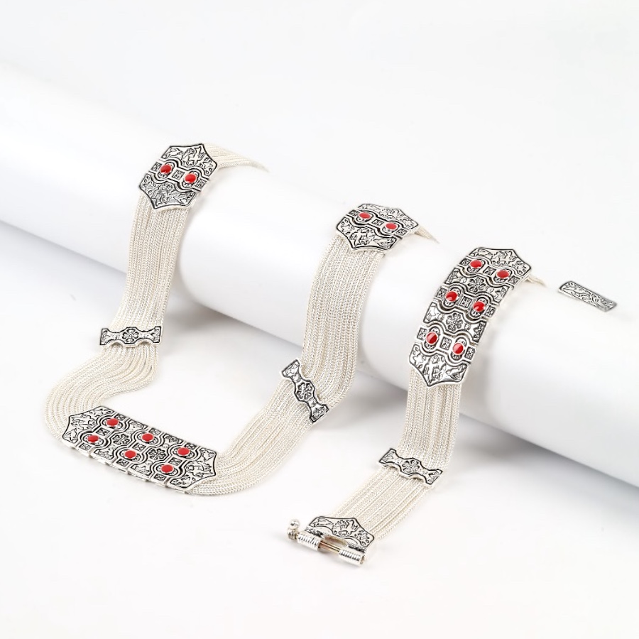 925 Sterling Red Enamel Bird Motif Mardin Wicker Set