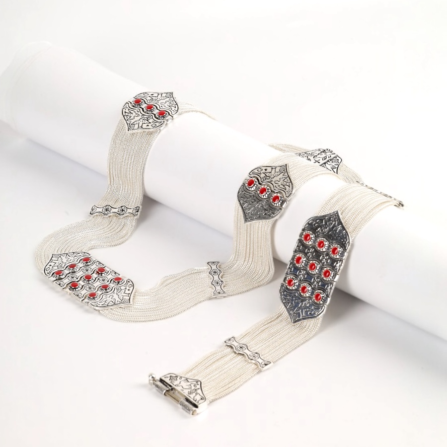 925 Sterling Red Enamel Bird Motif Mardin Wicker Set