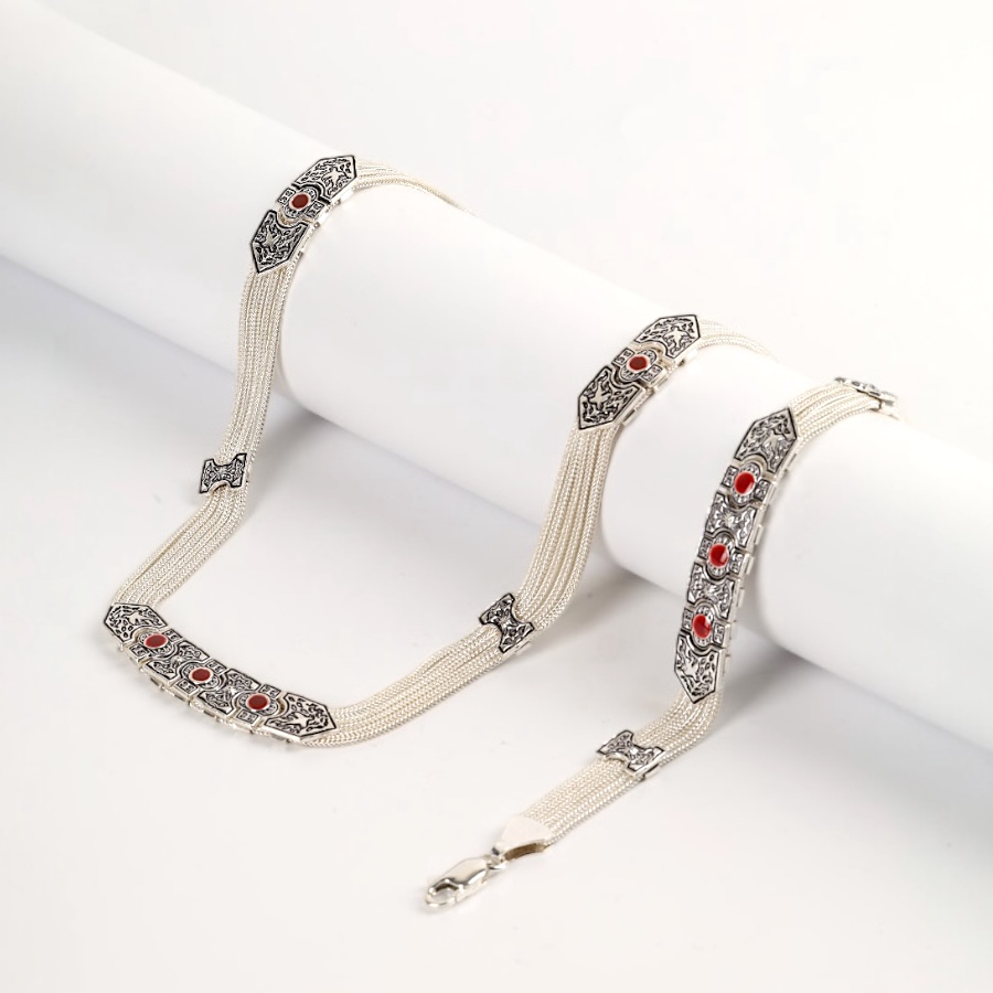 925 Sterling Red Enamel Bird Motif Mardin Wicker Set