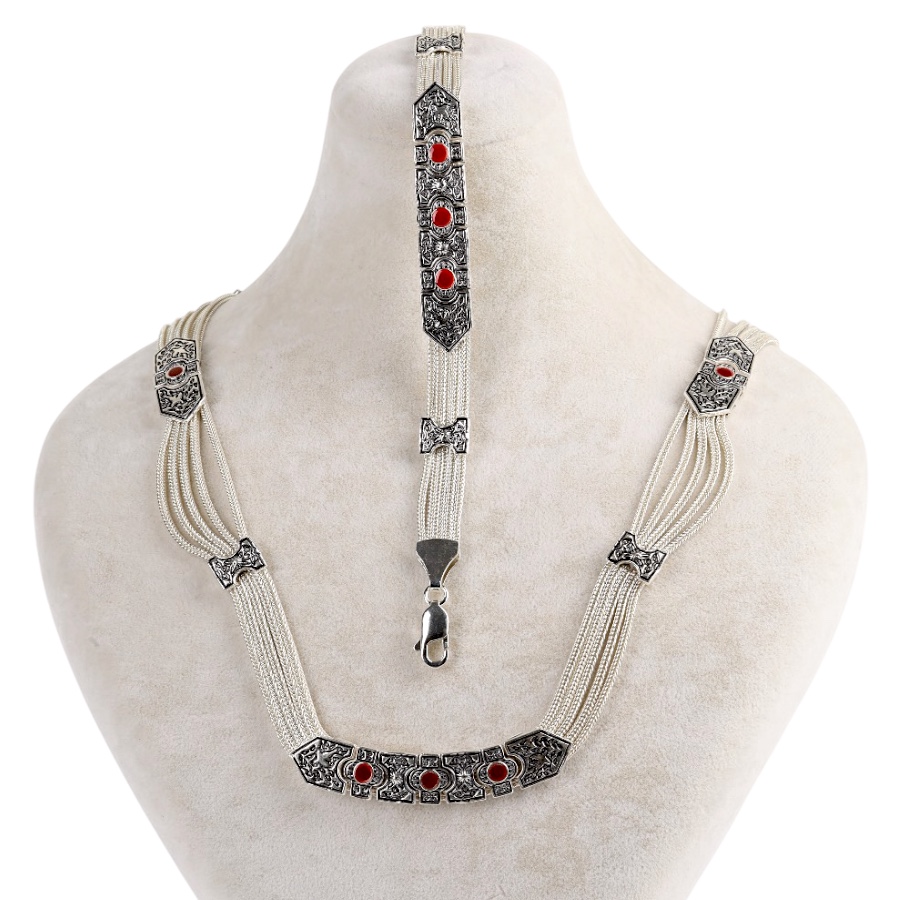 925 Sterling Red Enamel Bird Motif Mardin Wicker Set