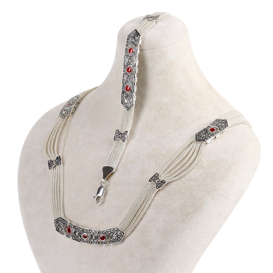 925 Sterling Red Enamel Bird Motif Mardin Wicker Set