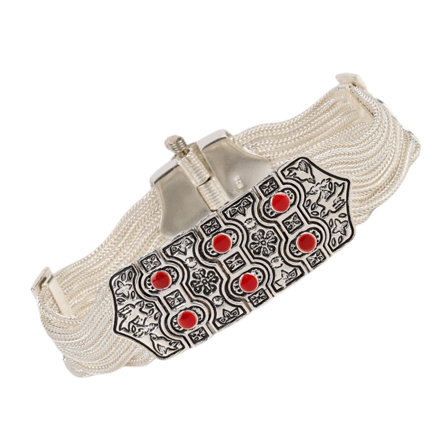 925 Sterling Red Enamel Bird Motif Wicker Bracelet