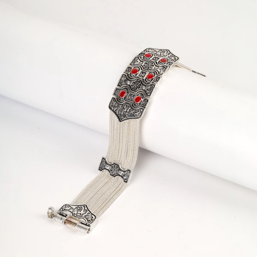 925 Sterling Red Enamel Bird Motif Wicker Bracelet