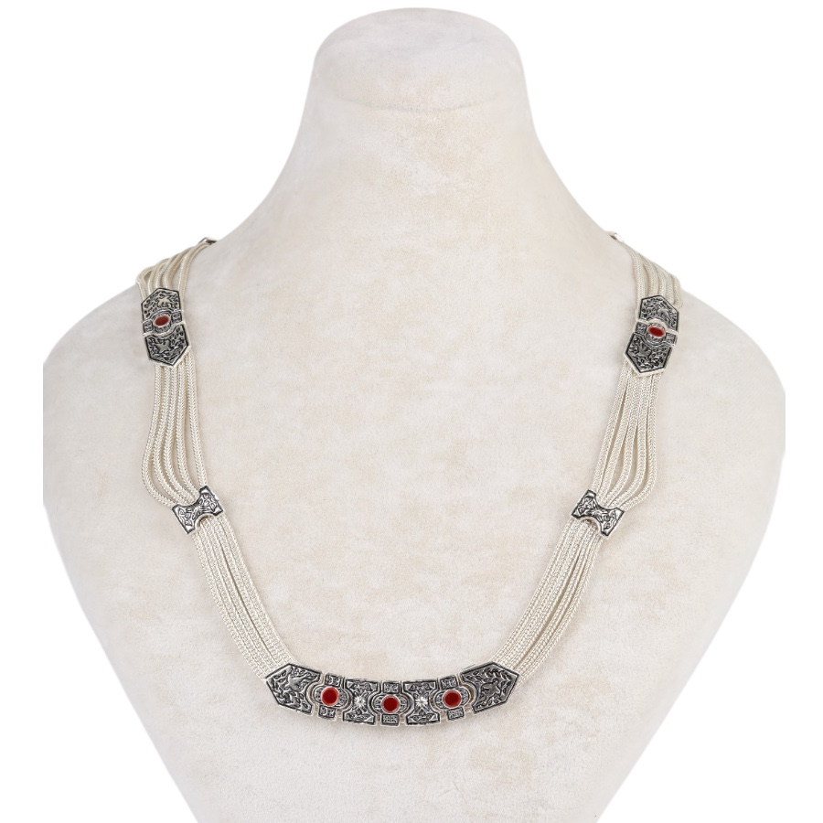 925 K Red Enamel Bird Motif Mardin Necklace