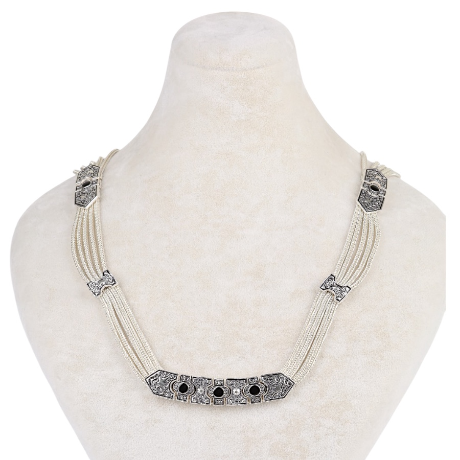 925 K Black Enamel Bird Motif Mesh Necklace