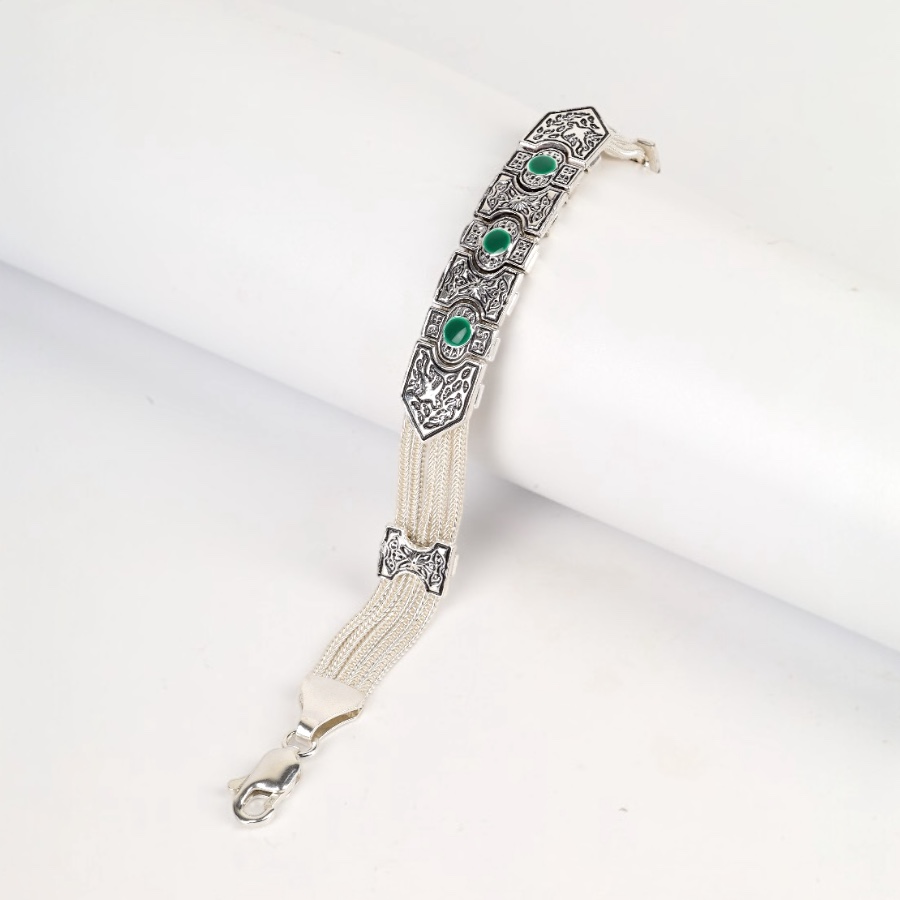 925 Sterling Green Enamel Motif Wicker Bracelet