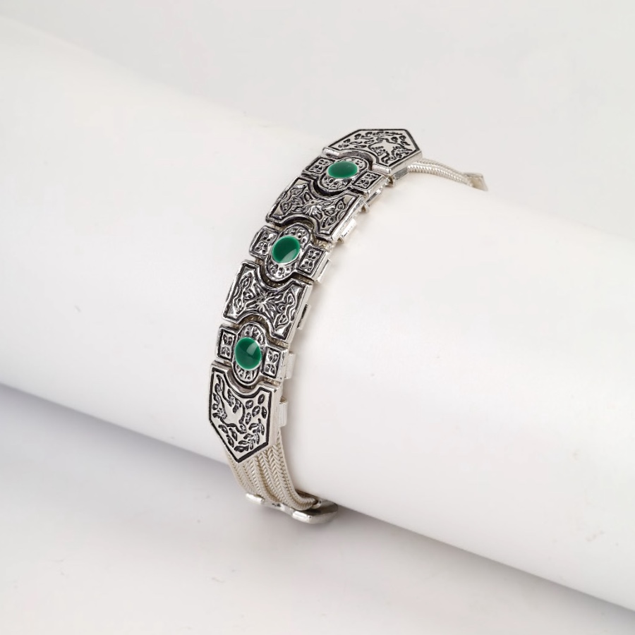 925 Sterling Green Enamel Motif Wicker Bracelet