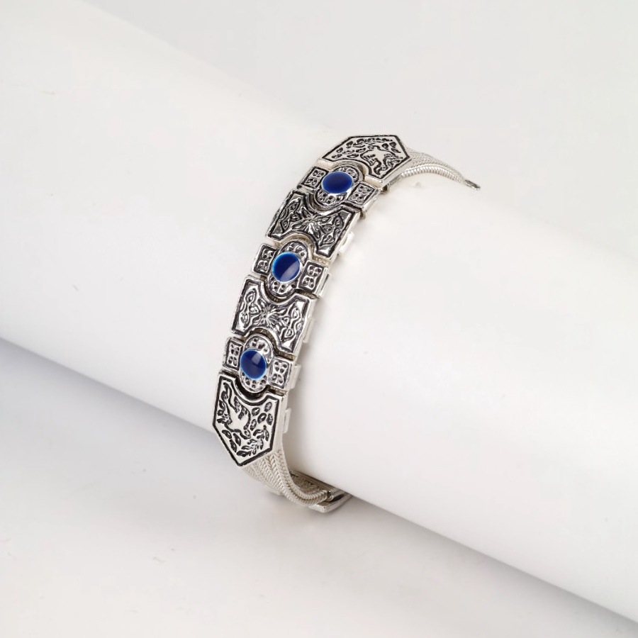 925 Sterling Green Enamel Motif Wicker Bracelet